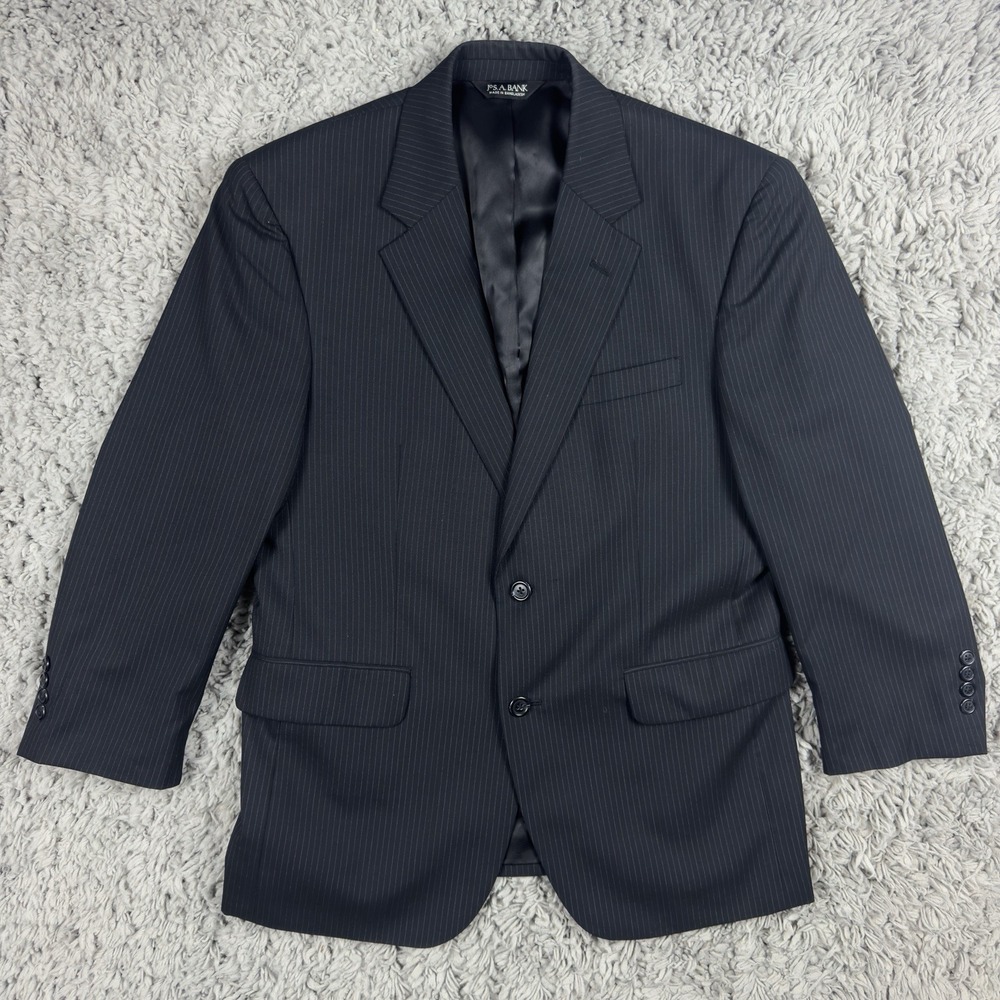 Jos A Bank Men 40S Black Pinstripe Two Button  100% Wool Suit Jacket